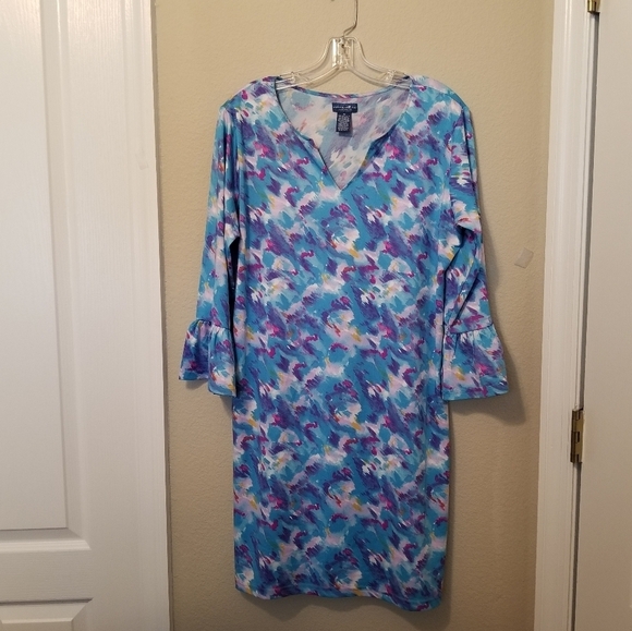 Caribbean Joe Women's Dress  Yoke Neck Colorful Print Size M Blue Haze - Picture 1 of 6